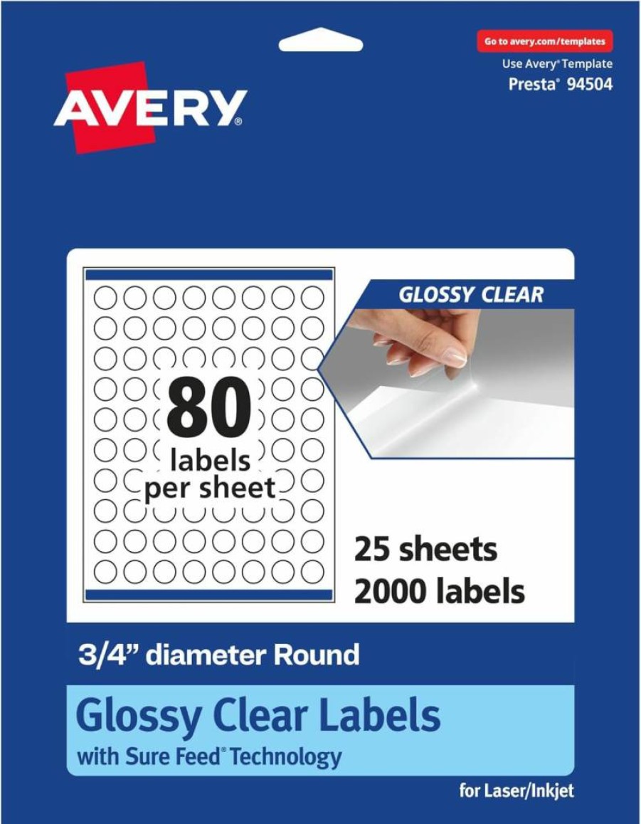 Avery Glossy Clear Round Labels 0.75" - 800 Pack, Sure Feed Technology, Print-To-The-Edge, Laser/Inkjet Printable, High-Quality Glossy Finish