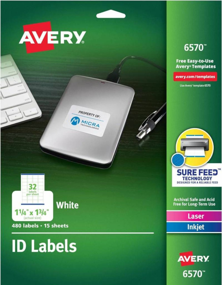AVERY 6570 Permanent Adhesive ID Labels, 1.25" x 1.75", 480 Pack, Sure Feed Technology for Easy Printing