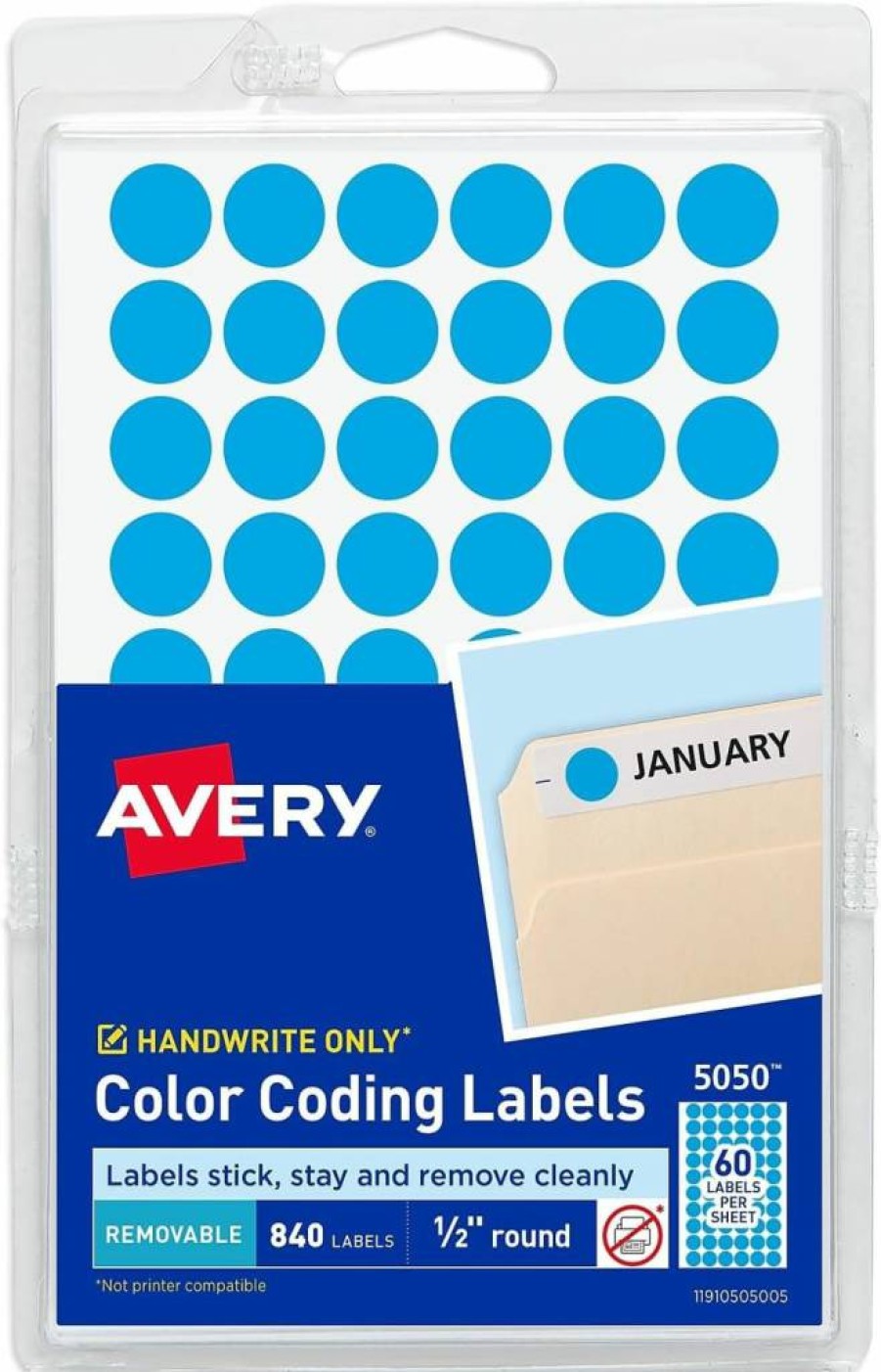 AVERY Removable Color-Coding Labels, 1/2 Inch Round Light Blue Dot Stickers, Non-Printable Adhesive Dots, 840 Count Pack (5050)