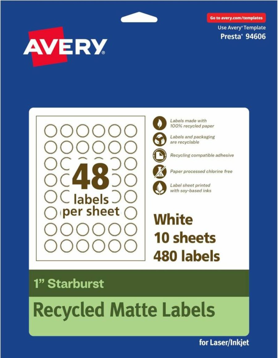 Avery 1" Recycled Matte White Eco-Friendly Labels, Print-To-The-Edge, Permanent Adhesive, Laser/Inkjet Compatible, 480-Pack