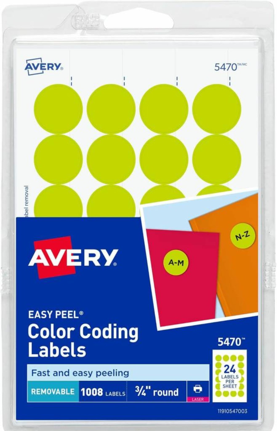 AVERY Removable Neon Yellow Color-Coding Labels, 3/4 Inch Round Laser Printer Stickers, 1008-Pack (5470)