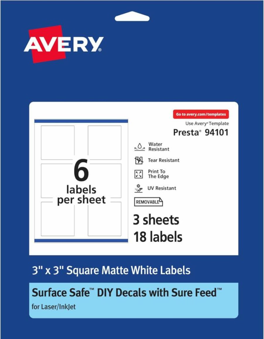 Avery Removable Square Labels 3"x3", Matte White Water-Resistant Film, Laser/Inkjet Printable, Sure Feed for Easy Printing, 18-Pack