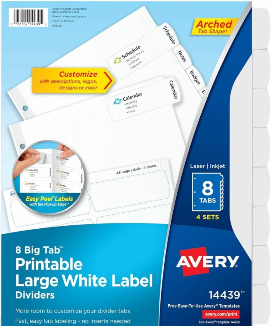 AVERY 14439 Big Tab Printable Large White Label Dividers, 8 Tabs per Set, 4 Sets, Easy Peel for Organizing Files