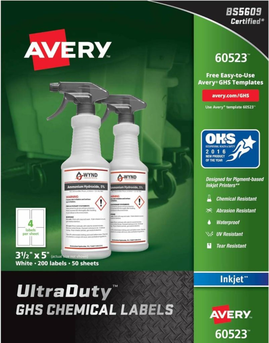 AVERY Ultra Duty GHS Chemical Labels 3.5" x 5" - Waterproof, UV Resistant for Inkjet Printers, Industrial Strength Adhesive (60523)