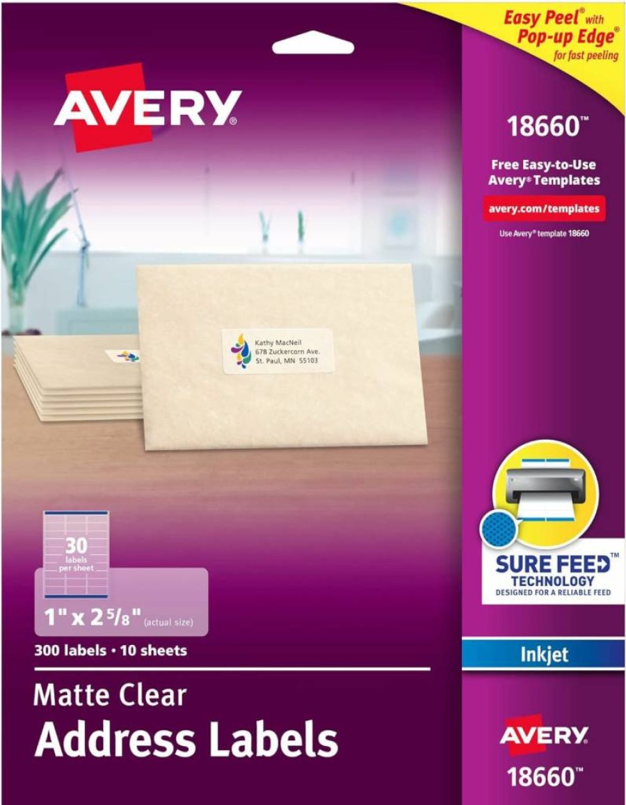 AVERY 18660 Printable Address Labels, 1" x 2-5/8", Matte Clear, 300 Blank Mailing Labels with Sure Feed Technology