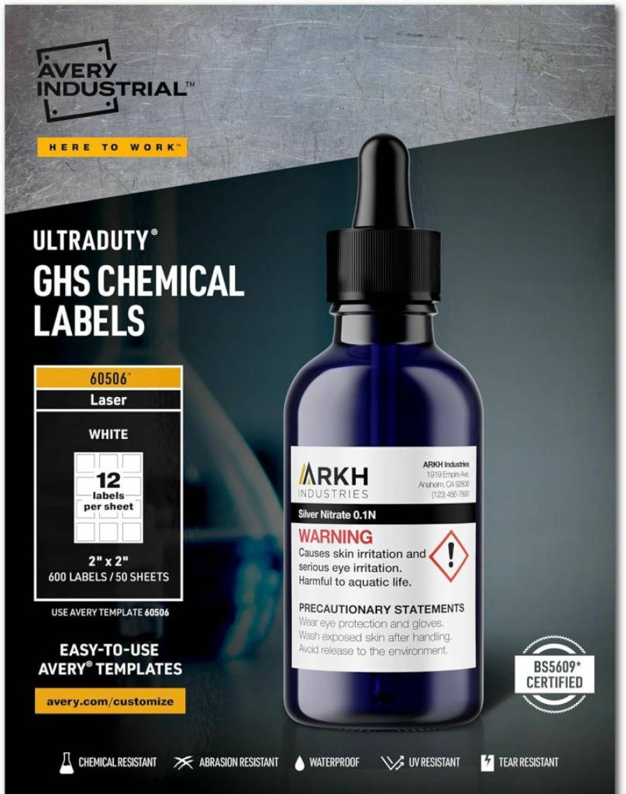 AVERY Ultraduty GHS Chemical Labels 2" x 2" - 600 Pack (60506) for Laser Printers, Waterproof, UV Resistant, Durable Adhesive