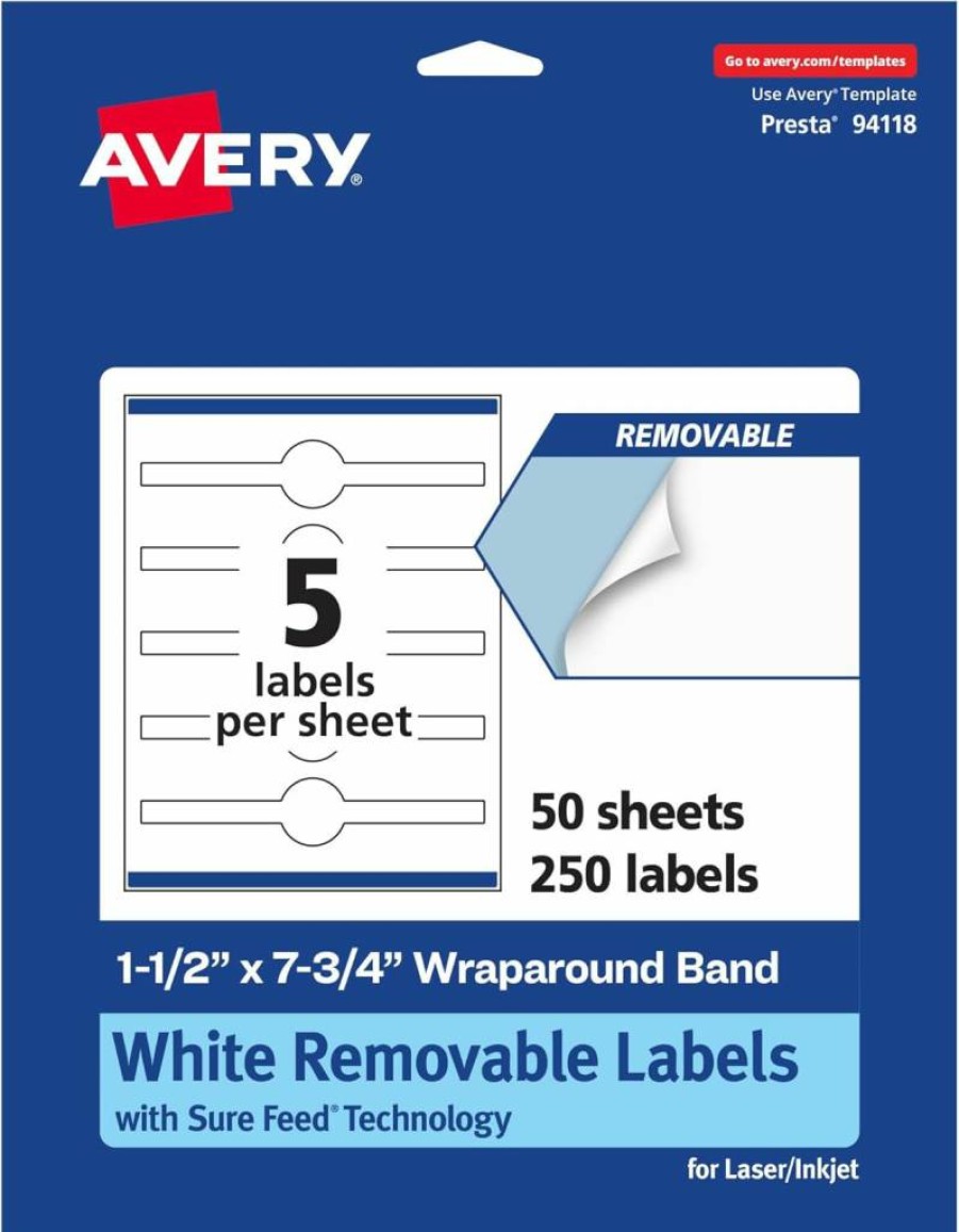 AVERY Matte White Removable Cigar Band Labels, 1.5" x 7.75", Sure Feed Technology, Print-To-The-Edge, 75 Labels per Pack, Laser/Inkjet Printable