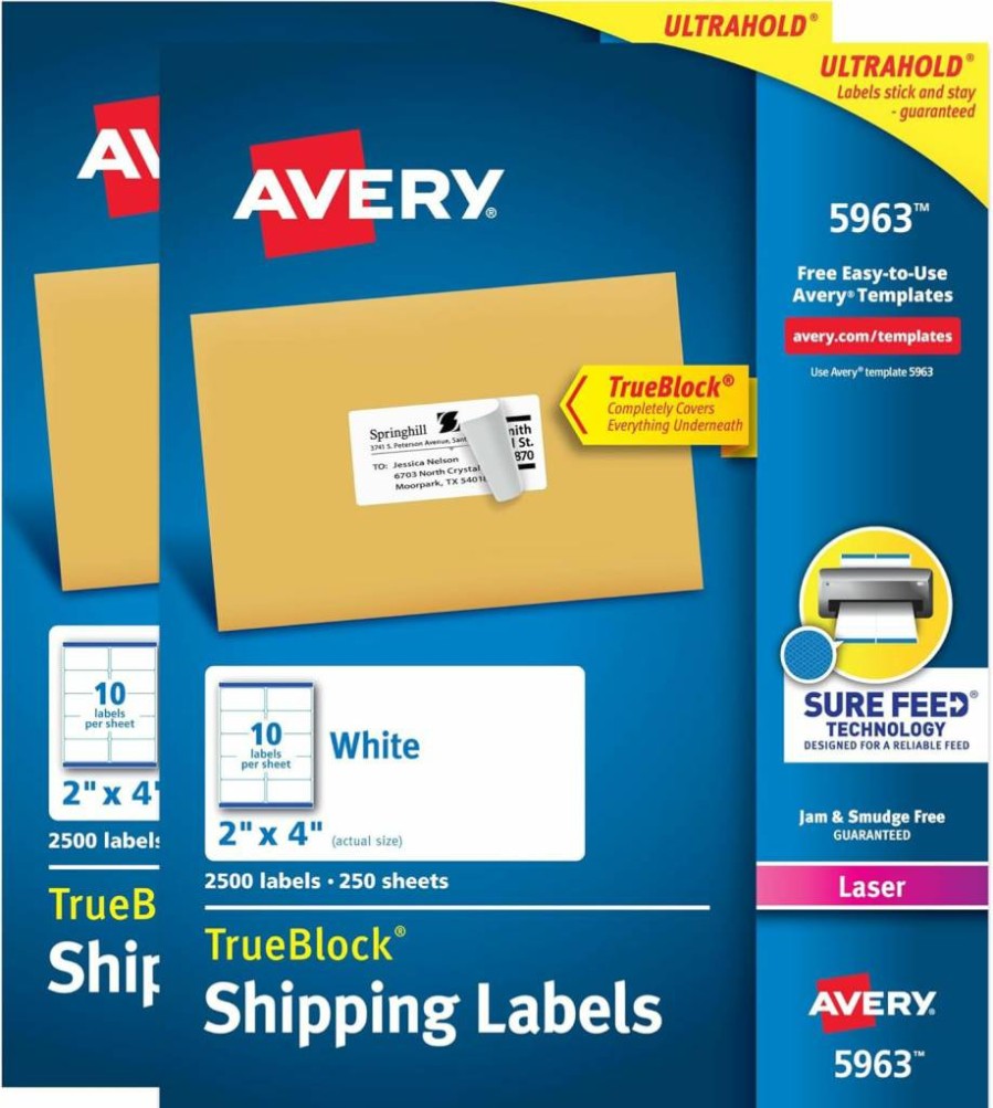 AVERY 5963 Printable Shipping Labels 2" x 4" White, 5,000 Blank Mailing Stickers with Sure Feed Technology, 2-Pack for Mailing, Shipping & Address Labels