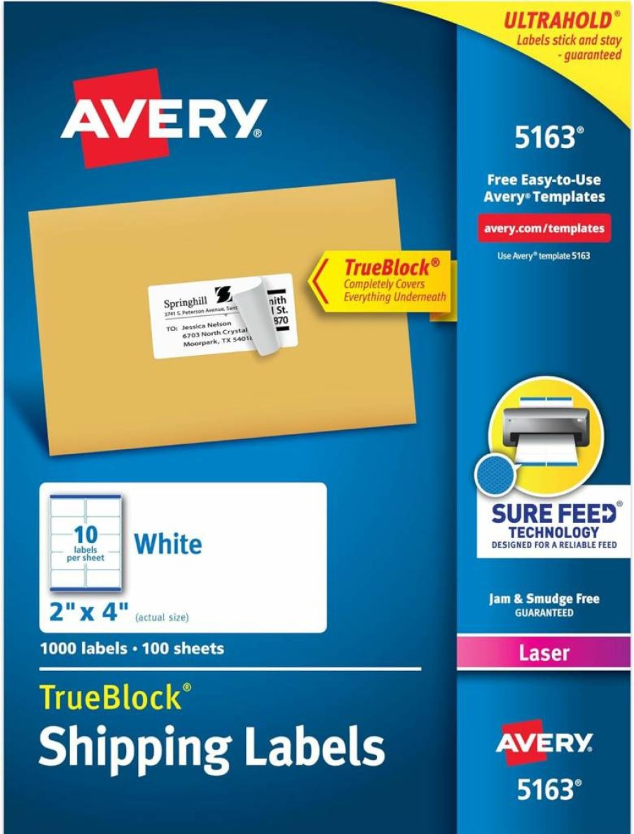 Avery 5163 Printable Shipping Labels, 2" x 4" White Blank Mailing Stickers, 1,000 Pack, Sure Feed Technology for Reliable Printing, Customizable for Shipping, Mailing & More