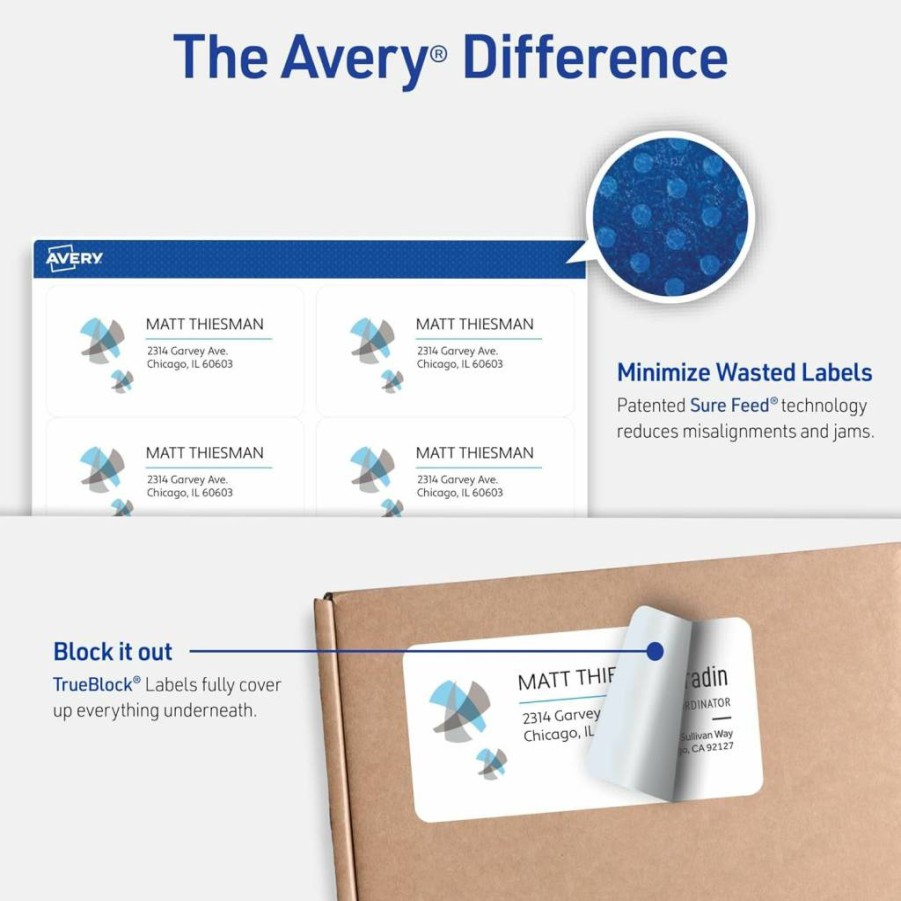 Avery 5163 Printable Shipping Labels, 2" x 4" White Blank Mailing Stickers, 1,000 Pack, Sure Feed Technology for Reliable Printing, Customizable for Shipping, Mailing & More