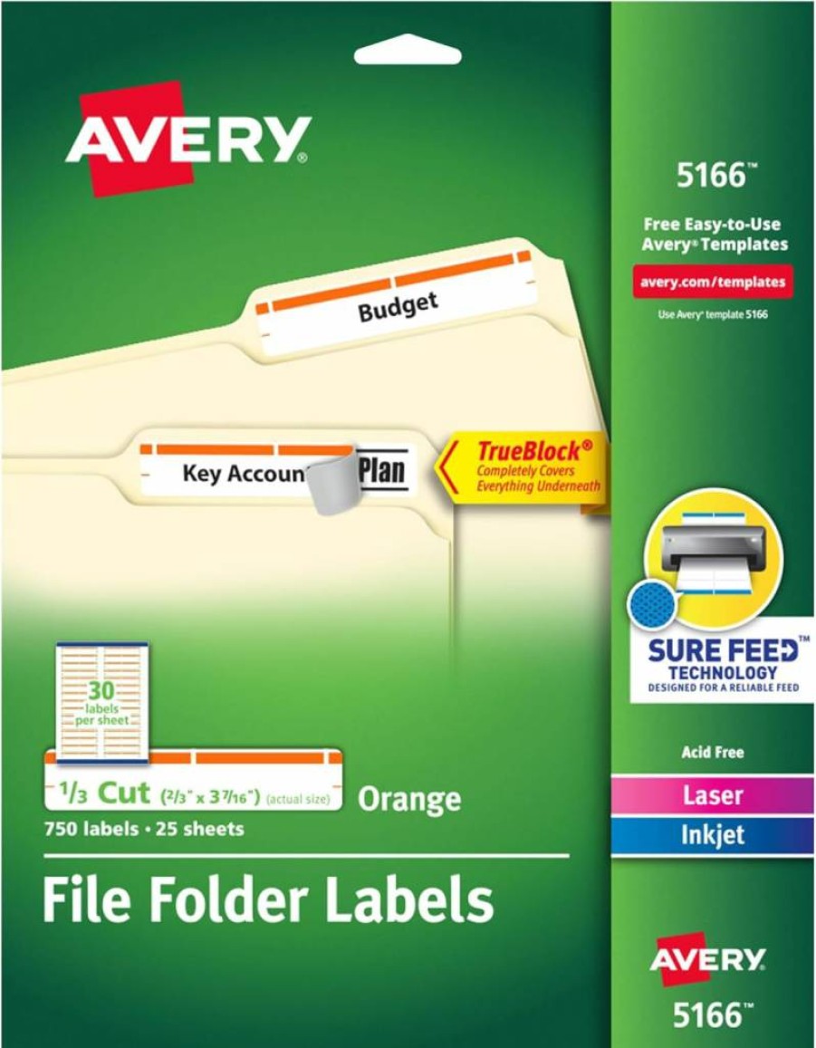 Avery Trueblock Permanent File Folder Labels, 2/3" x 3-7/16", 750 White/Orange Printable Labels (5166) for Laser/Inkjet Printers
