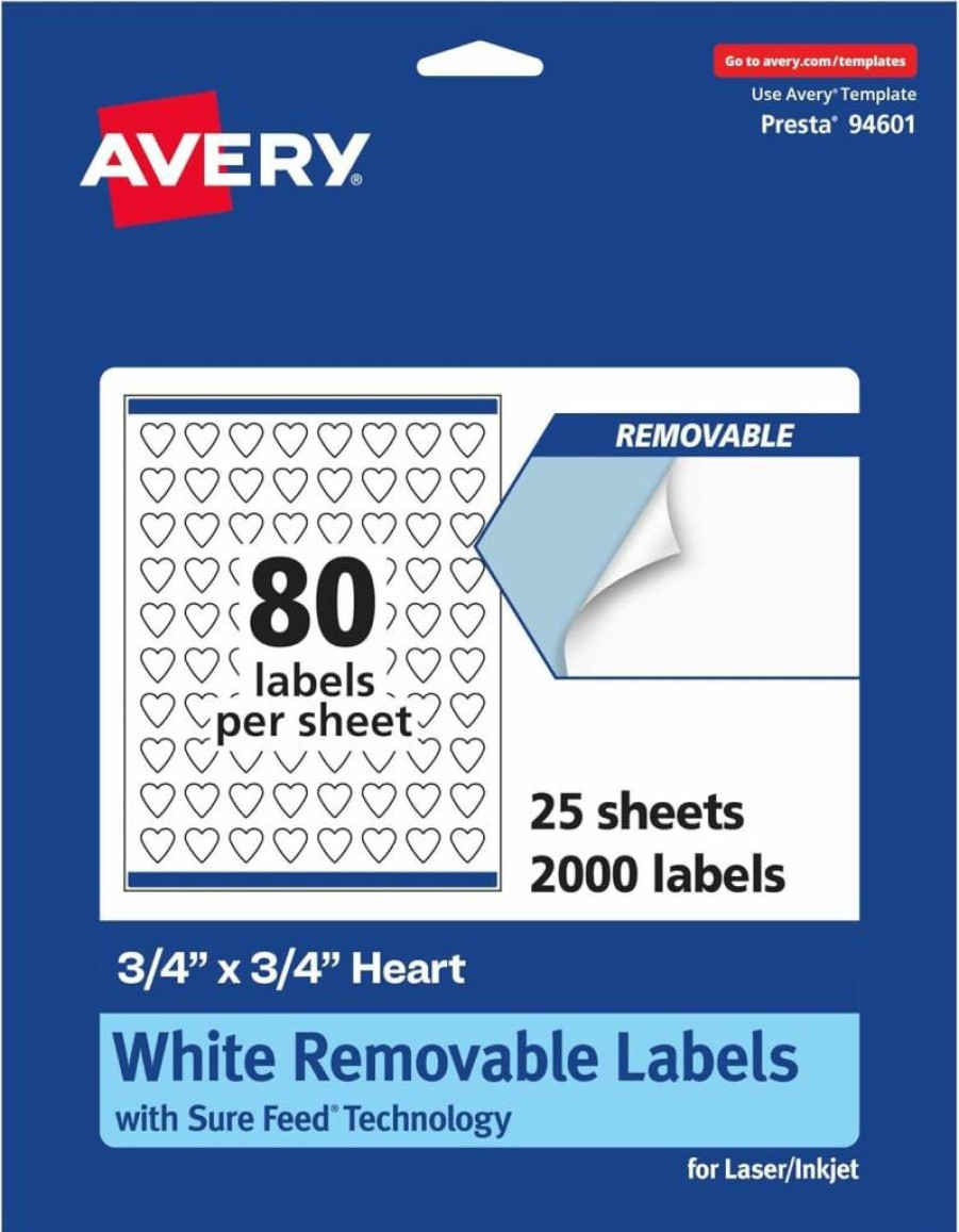 AVERY Removable Heart Labels, Matte White, 0.75" x 0.75", 1,200 Labels, Sure Feed Technology, Print-To-The-Edge, Laser/Inkjet Printable