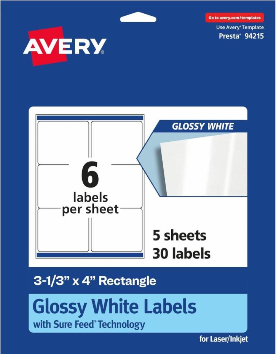 Avery 36470 Glossy White Rectangle Labels, 3.33" x 4", 30-Pack, Sure Feed Technology for Laser/Inkjet Printers
