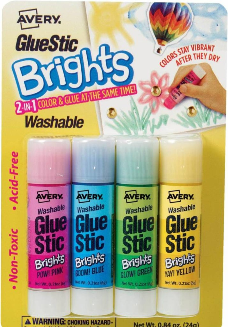 Avery Washable Non-Toxic Glue Sticks, 4-Pack, Assorted Bright Colors, 0.21 oz Permanent Adhesive for Crafts & School Projects (00102)