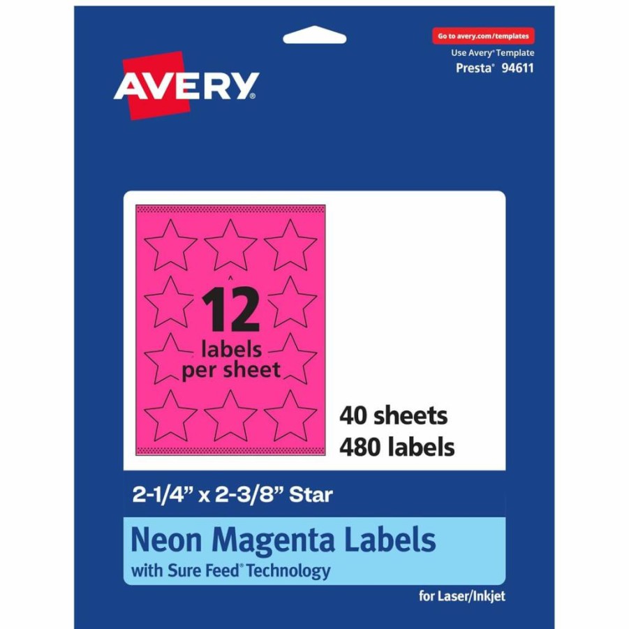 Avery Neon Magenta Printable Star Labels, 2-1/4" x 2-3/8", Sure Feed Technology, 120-Pack for Laser/Inkjet Printing, Ideal for Reward Stickers & Mailing Seals