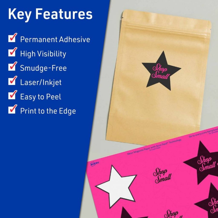 Avery Neon Magenta Printable Star Labels, 2-1/4" x 2-3/8", Sure Feed Technology, 120-Pack for Laser/Inkjet Printing, Ideal for Reward Stickers & Mailing Seals