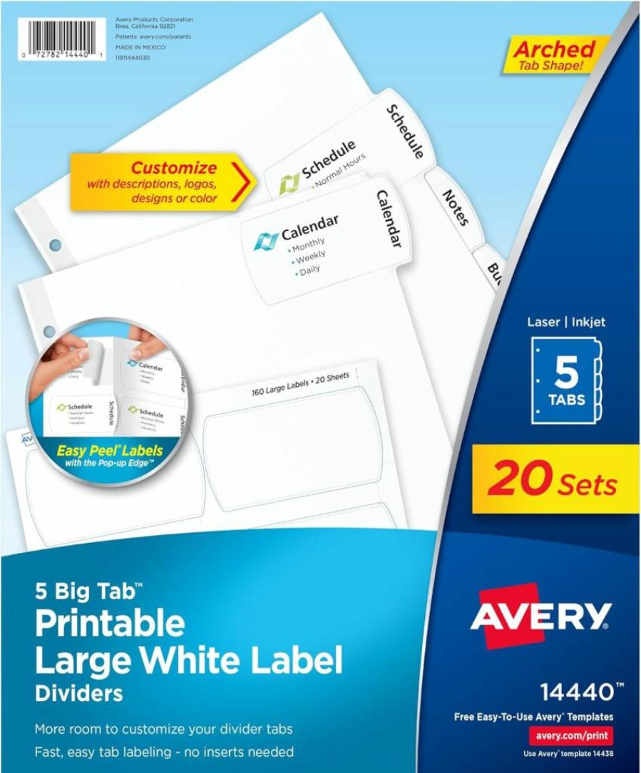 AVERY 14440 Big Tab Printable Dividers, 5-Tab White Binder Labels with Easy Peel, 20 Sets for 3-Ring Binders, Large Index Tabs