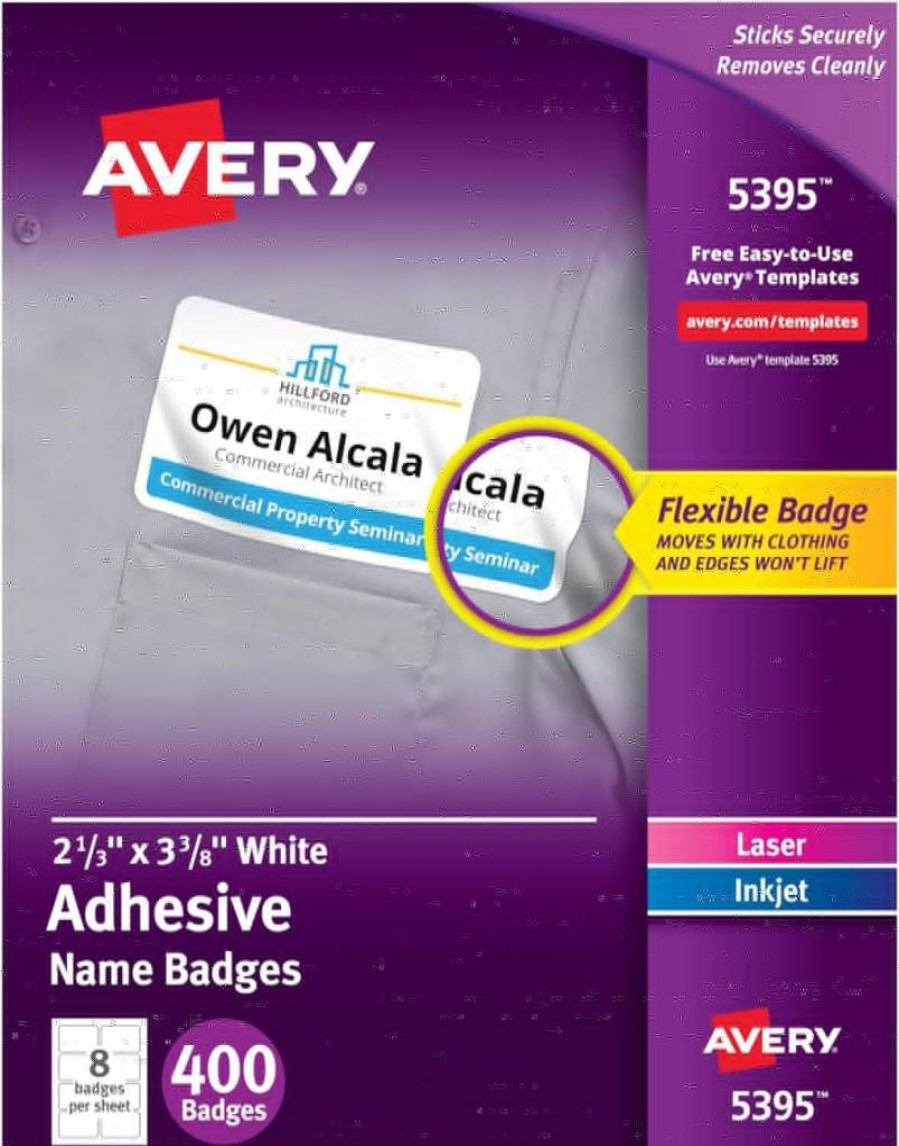 Avery 5395 Removable Name Badges, 2-1/3" x 3-3/8" White Printable Rectangle Labels, 5 Packs, 2000 Flexible Name Tag Stickers for Office & Events
