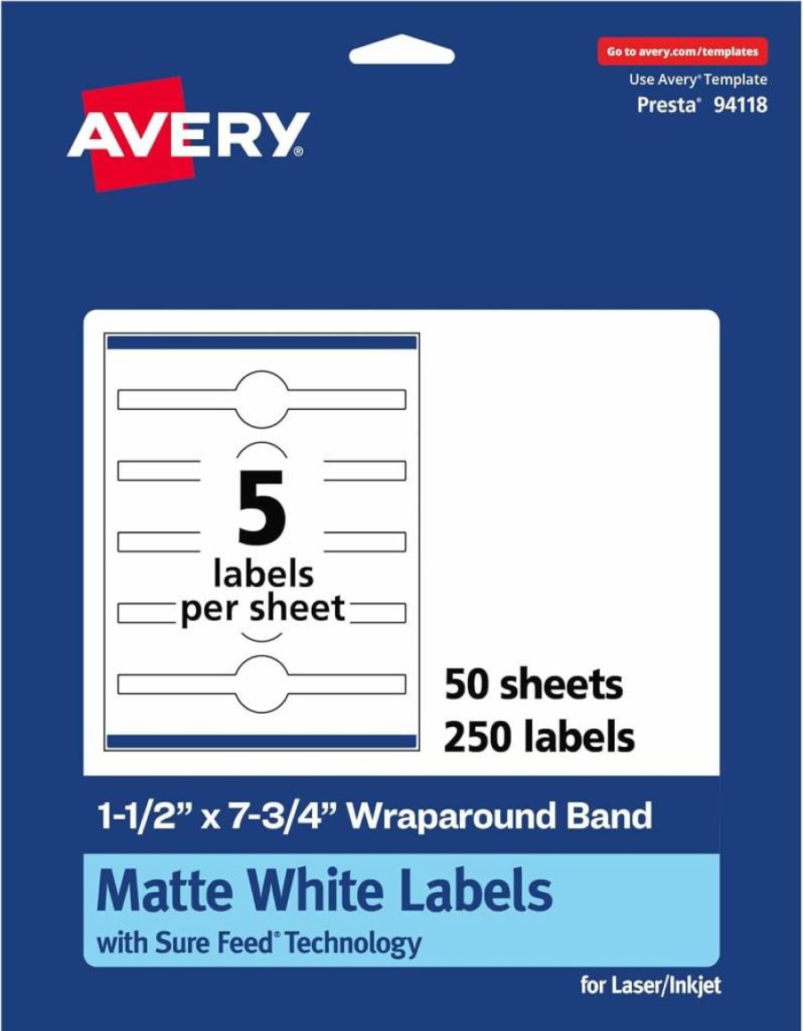 Avery Matte White Cigar Band Labels 1.5" x 7.75" - Sure Feed Technology, Print-To-The-Edge, Permanent Adhesive, Laser/Inkjet Printable - 125 Labels/Pack