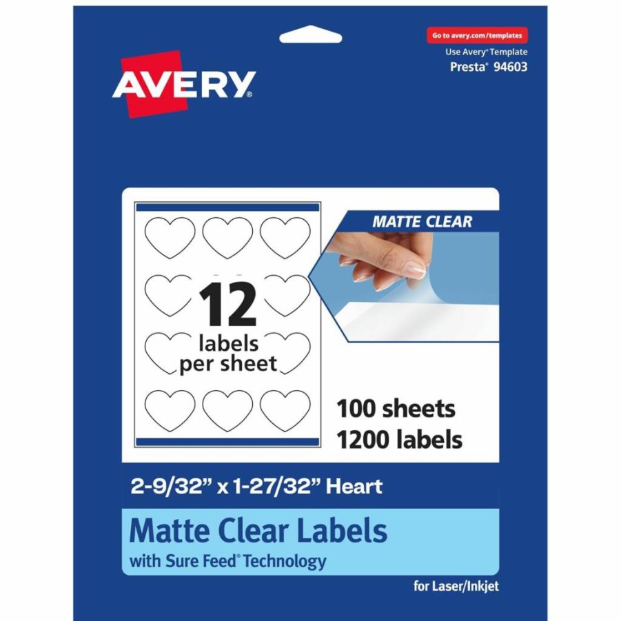 Avery Matte Clear Heart Labels with Sure Feed Technology, 2-9/32" x 1-27/32", 120-Pack, Print-to-the-Edge for Laser/Inkjet Printers