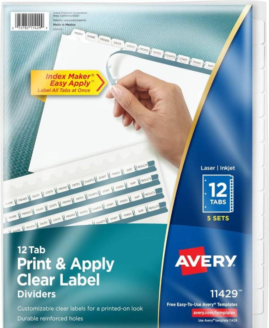 AVERY 12-Tab Binder Dividers with Clear Label Strips, White Index Tabs, 5 Sets for Easy Printing & Organization (11429)