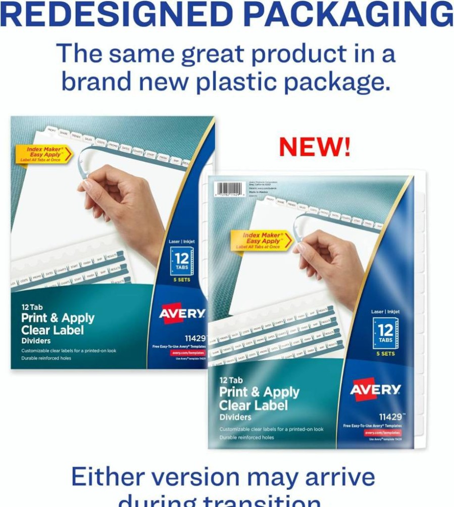 AVERY 12-Tab Binder Dividers with Clear Label Strips, White Index Tabs, 5 Sets for Easy Printing & Organization (11429)