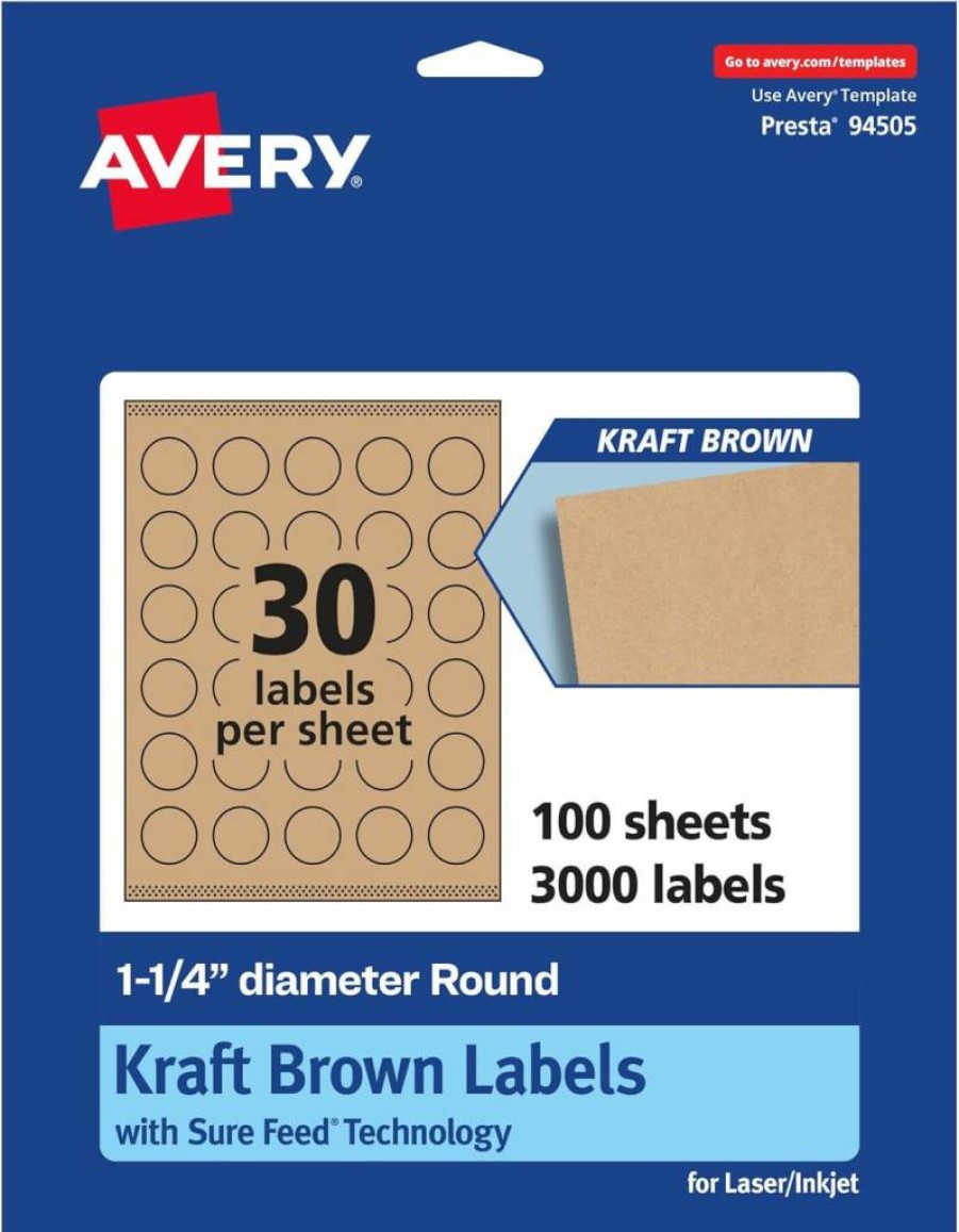 AVERY 1.25" Round Kraft Brown Labels, 450 Pack, Sure Feed Technology, Print-To-The-Edge, Laser/Inkjet Printable, Waterproof Matte Finish
