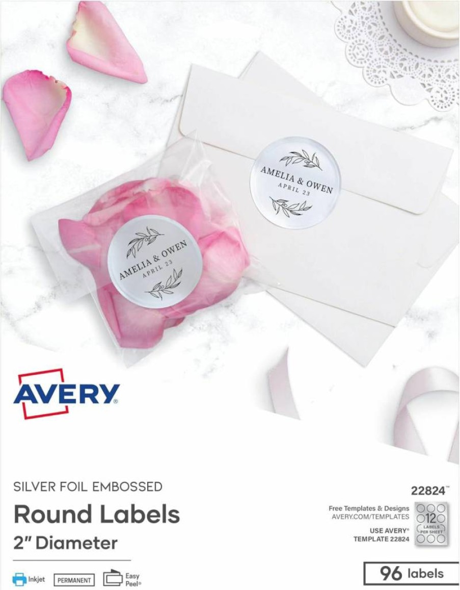 Avery 2" Silver Printable Embossed Foil Round Labels - 96 Customizable Stickers for DIY, Packaging & Gifts (22824)