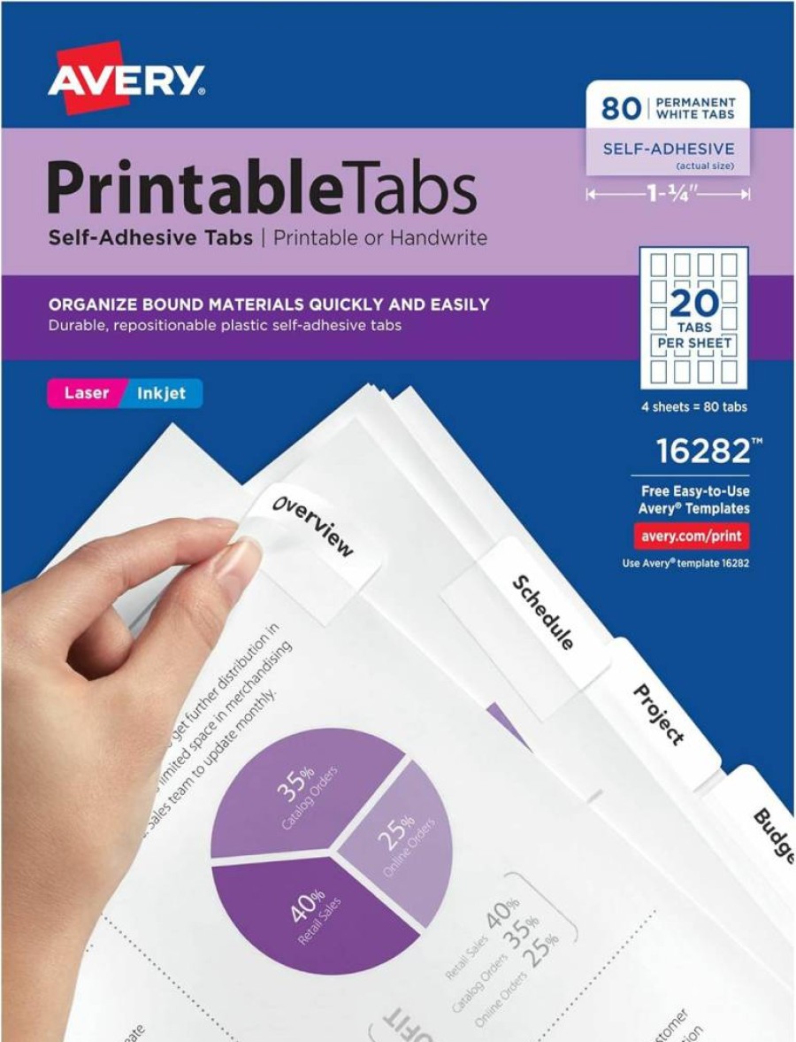 Avery 16282 Repositionable Self-Adhesive Plastic Tabs, 1.75 Inch White Printable Tabs, 80-Pack for Organizing and Labeling