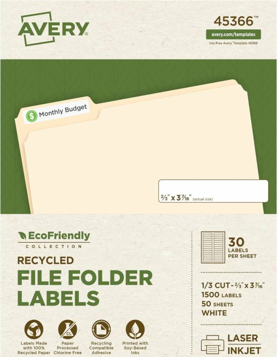 AVERY 48266 Recycled White File Folder Labels, 2/3" x 3-7/16", Eco-Friendly Permanent Adhesive, 750 Printable Labels for Organizing