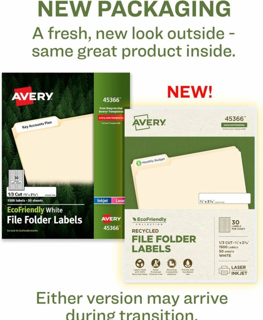 AVERY 48266 Recycled White File Folder Labels, 2/3" x 3-7/16", Eco-Friendly Permanent Adhesive, 750 Printable Labels for Organizing