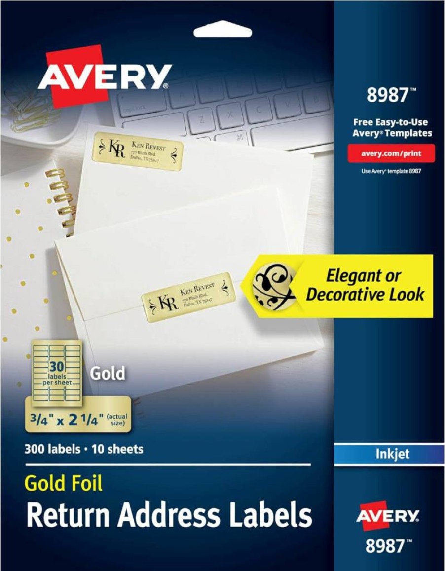 Avery Gold Foil Printable Return Address Labels, 0.75" x 2.25", 300 Blank Mailing Labels for Professional Branding (08987)