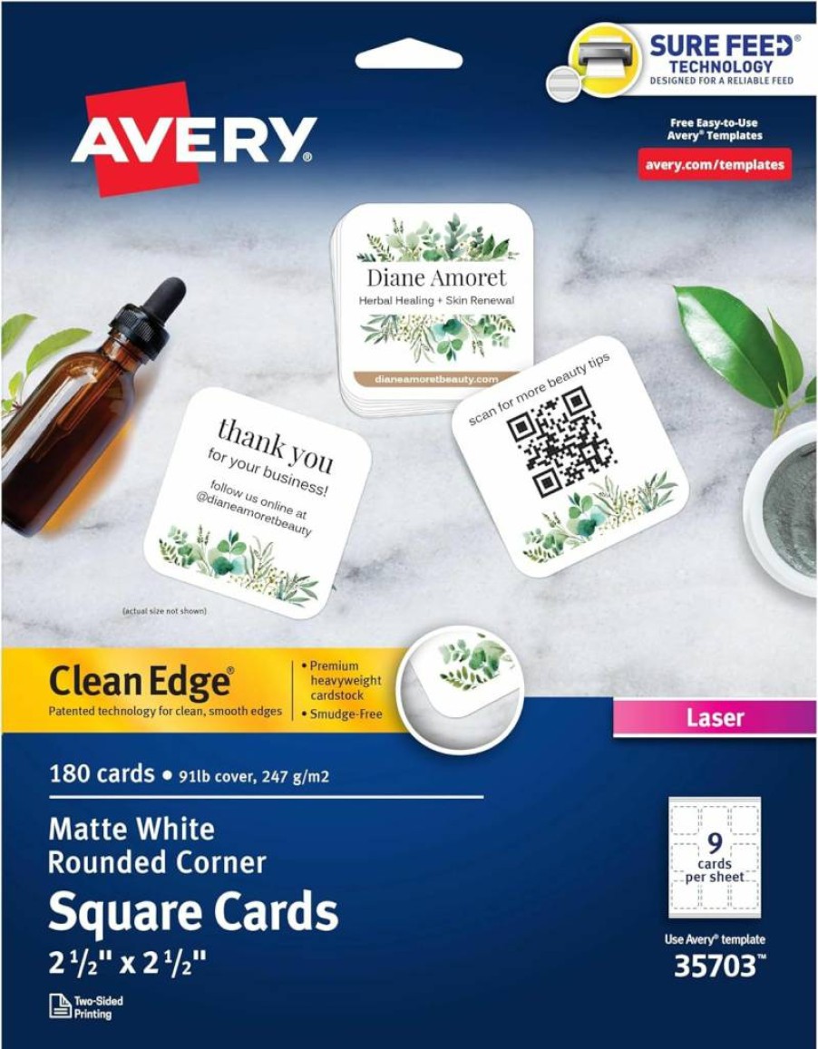 AVERY 35703 Printable Square Cards 2.5"x2.5" White, 180 Blank Laser Printer Cards with Sure Feed Technology and Rounded Corners