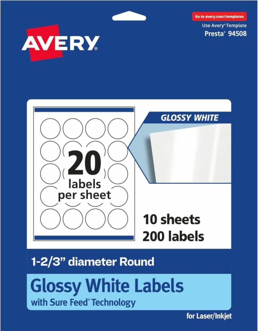 Avery Glossy White Round Labels 1-2/3" Diameter, 2,000 Pack, Sure Feed Technology, Permanent Adhesive, Laser/Inkjet Printable, Print-To-The-Edge Design