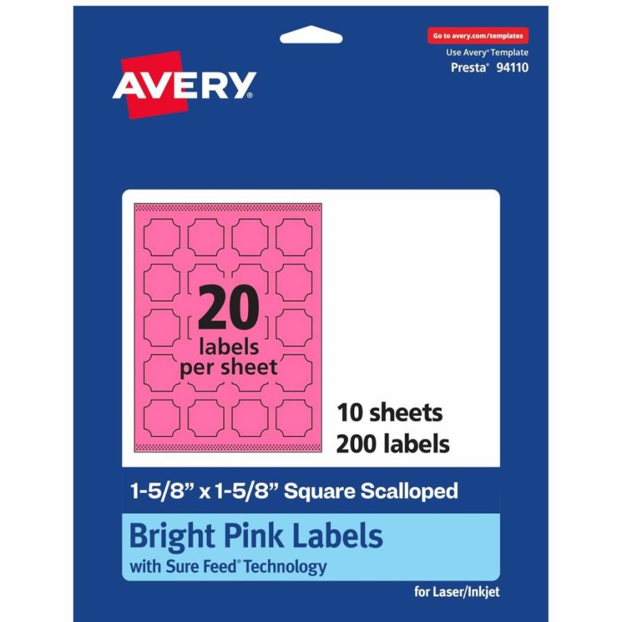 Avery Bright Pink Printable Scalloped Labels 1-5/8" x 1-5/8" - 200 Pack, Sure Feed for Laser/Inkjet, Print-to-Edge for Cosmetics & Jars