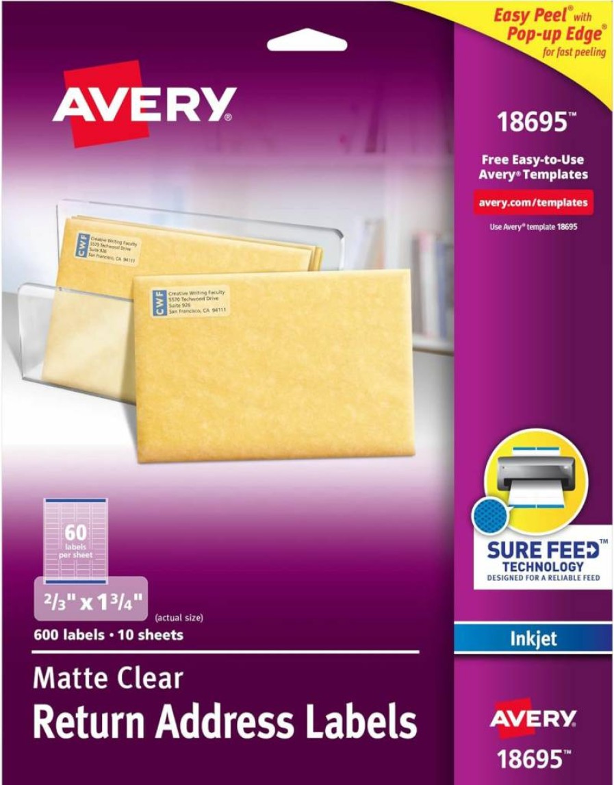 AVERY 18695 Matte Clear Address Labels for Inkjet Printers, 2/3" x 1-3/4", 600 Labels per Pack, 5-Pack, Sure Feed Technology, Mailing & Shipping Labels
