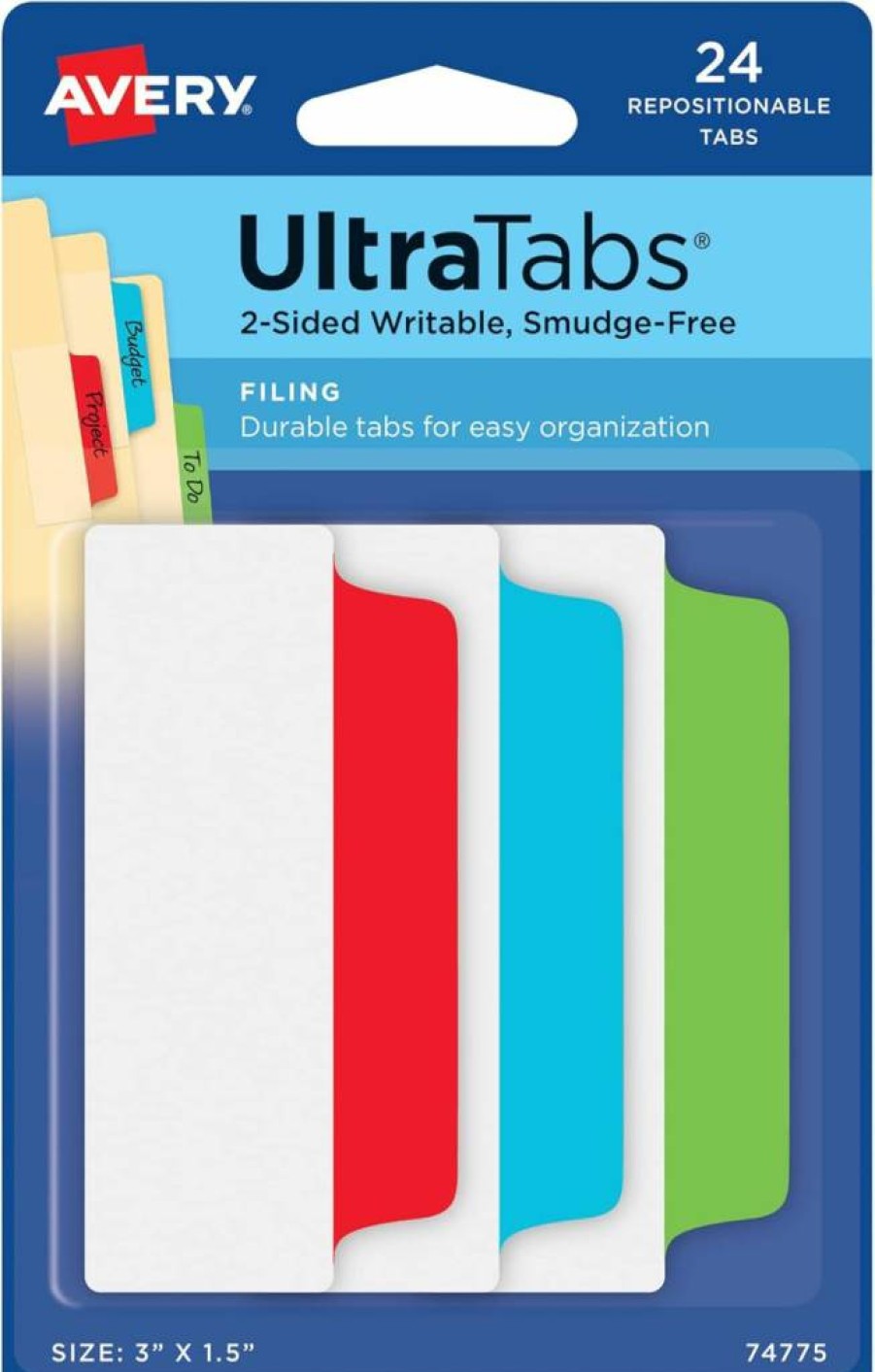 Avery Repositionable File Tabs, 3" x 1.5", 2-Side Writable, Red Blue Green, 24-Pack (74775) for Organizing Folders