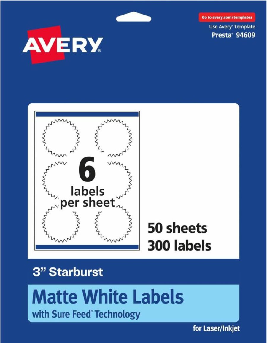 Avery Matte White Starburst Labels 3" - 150 Pack, Sure Feed for Laser/Inkjet Printers, Printable Address Labels, Durable Matte Finish