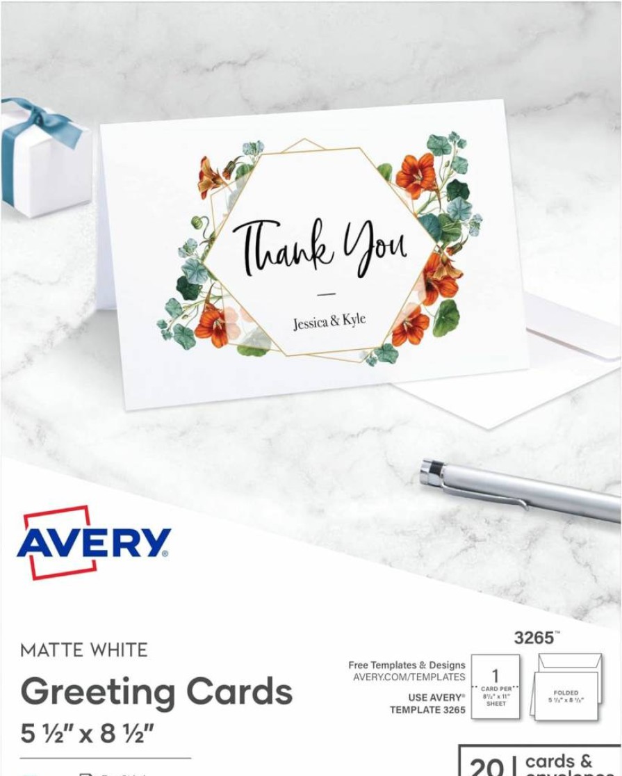 AVERY 3265 Matte White Printable Greeting Cards, Half-Fold 5.5x8.5 Inches, 20 Blank Cards and Envelopes Set for DIY Crafts