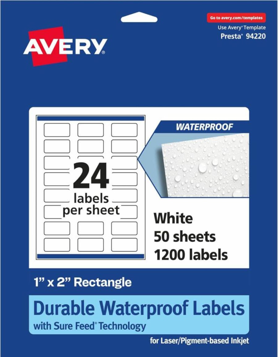 Avery 1" x 2" Waterproof Rectangle Labels, 240-Pack, Sure Feed Technology, Oil & Tear-Resistant, Laser/Inkjet Printable, Print-To-The-Edge Durable Labels