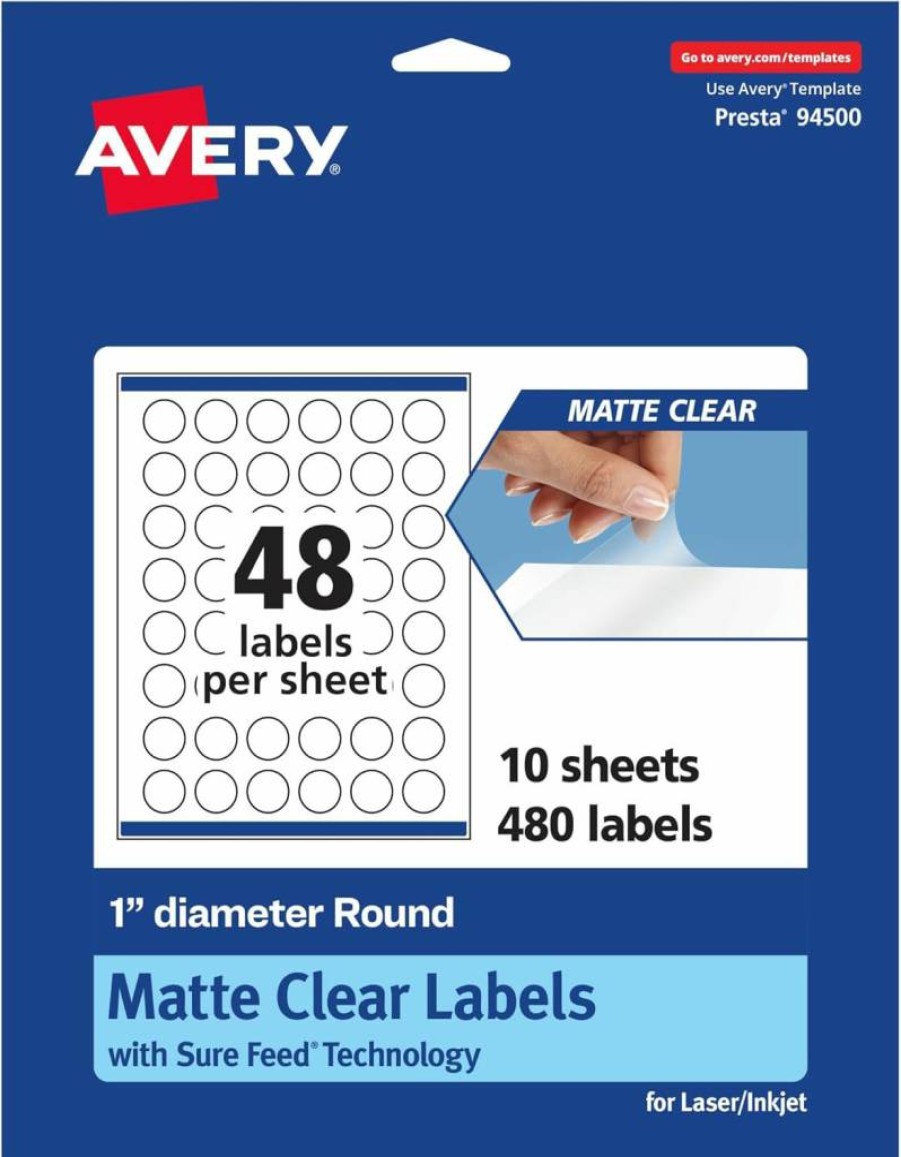 Avery Matte Clear Round Labels 1" Diameter, 480-Pack, Print-to-the-Edge for Laser/Inkjet Printers, Sure Feed Technology