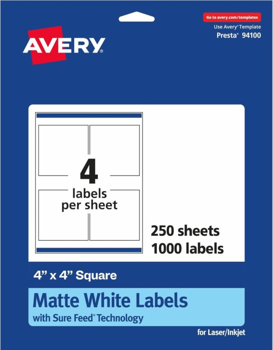Avery 4" x 4" Matte White Square Labels with Sure Feed Technology, 100-Pack Printable Sticker Sheets for Inkjet & Laser Printers