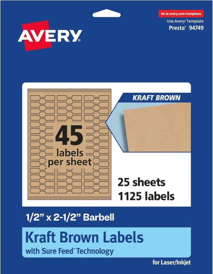 AVERY Kraft Brown Barbell Labels 0.5" x 2.5" - 675 Pack, Sure Feed Technology, Laser/Inkjet Printable, Durable Adhesive, Office & Shipping Labels