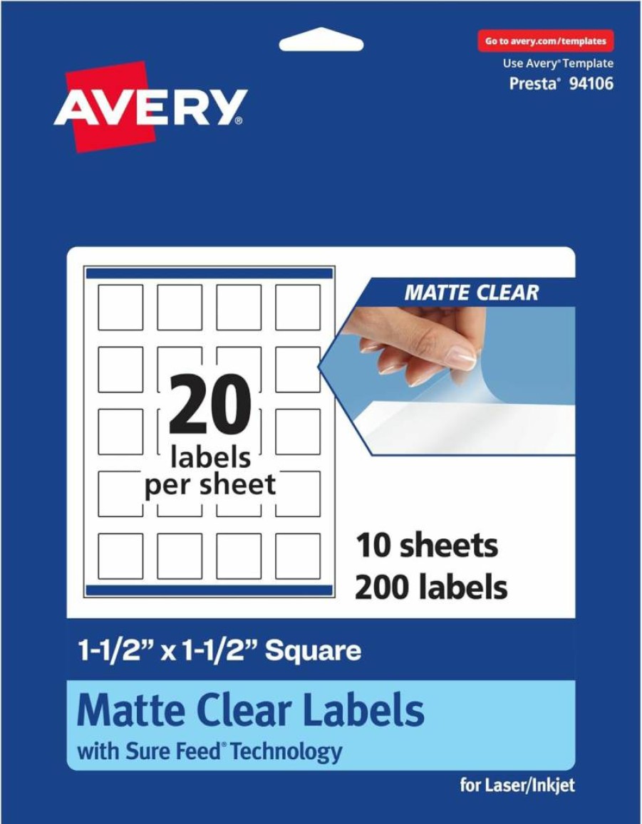 Avery 1.5" x 1.5" Matte Clear Square Labels, 200-Pack, Print-to-the-Edge for Laser/Inkjet Printers, Sure Feed Technology