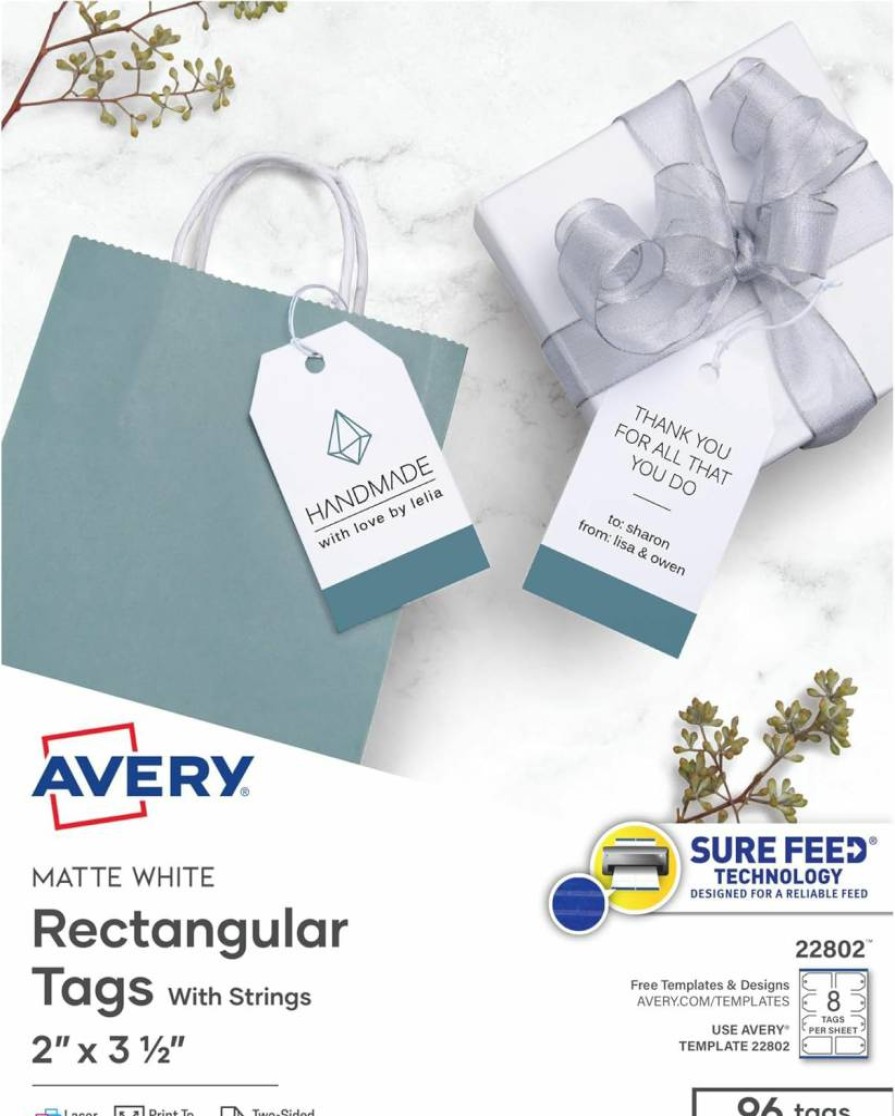 AVERY 22802 Printable Blank Tags with Sure Feed, 2" x 3.5" White Customizable Labels (96-Pack), Includes String for Branding, Gifts & Merchandising