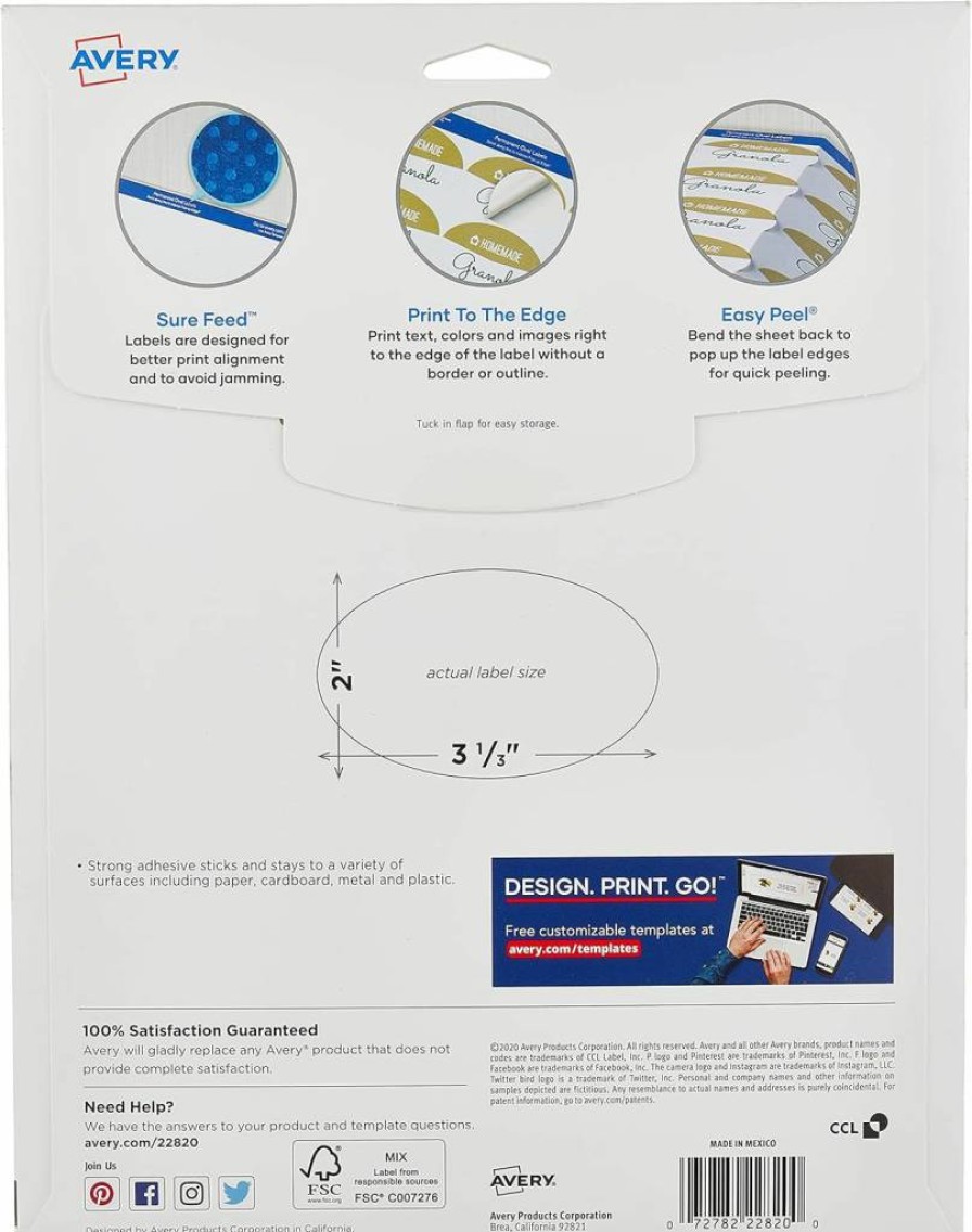 AVERY Glossy White Printable Oval Labels, 2" x 3.33", 80 Customizable Blank Labels for Printing (22820)