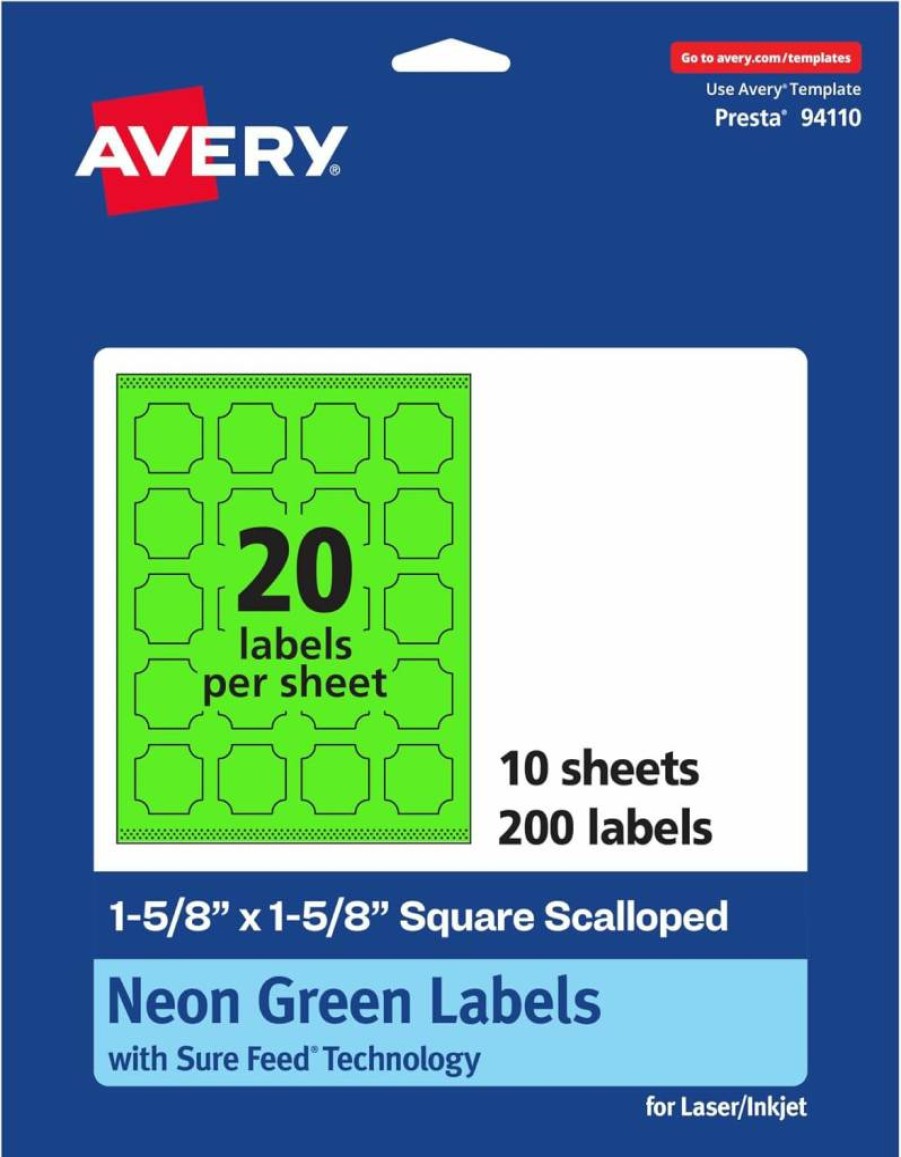 Avery Neon Green Printable Scalloped Labels 1-5/8" x 1-5/8" - 200 Pack, Sure Feed Technology, Laser/Inkjet Compatible, Edge-to-Edge Printing for Cosmetics & Jars