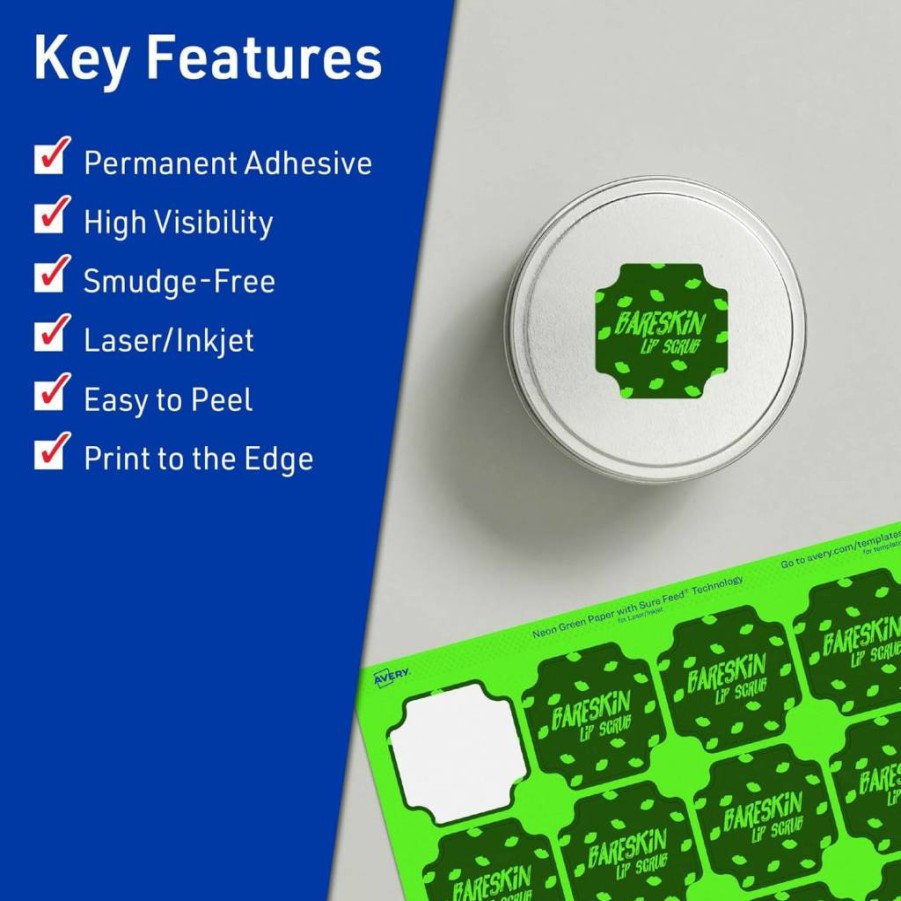 Avery Neon Green Printable Scalloped Labels 1-5/8" x 1-5/8" - 200 Pack, Sure Feed Technology, Laser/Inkjet Compatible, Edge-to-Edge Printing for Cosmetics & Jars