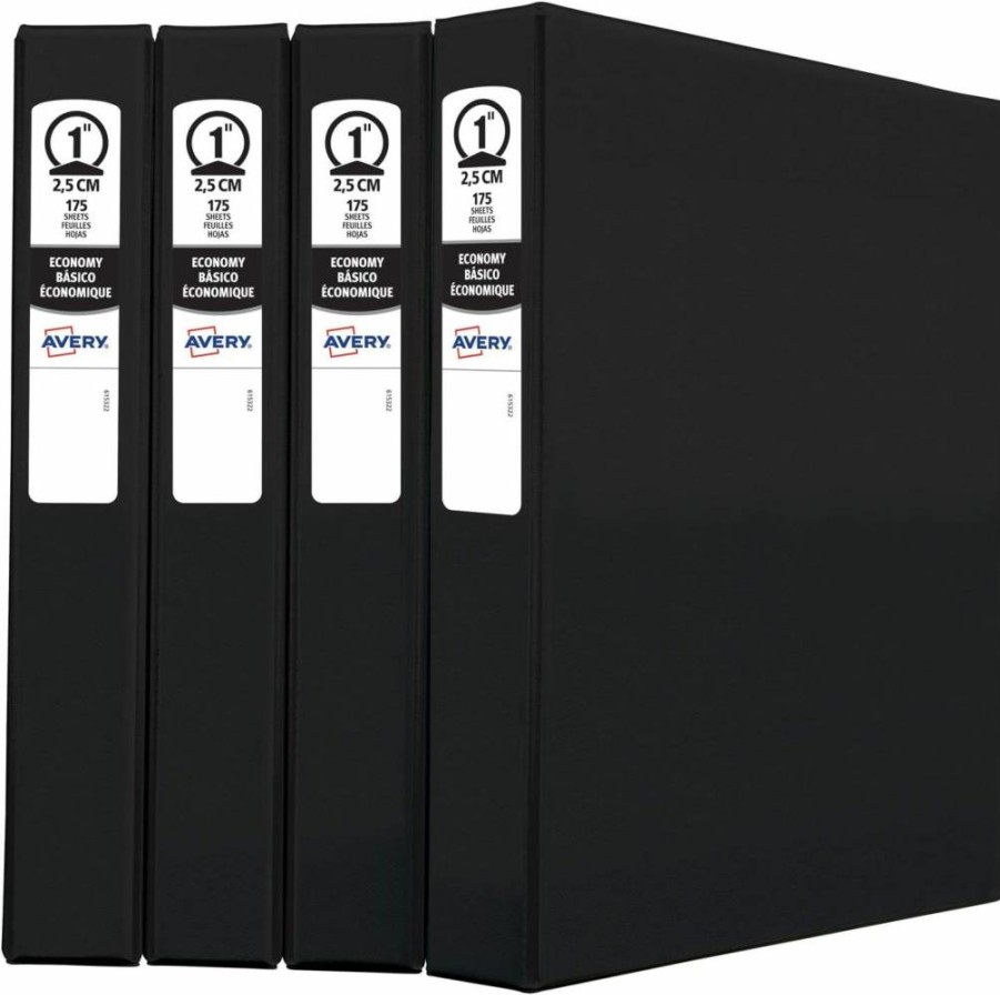 Avery 1 Inch 3 Ring Binders, Round Rings, 4 Pack Black Economy Binders (03301)