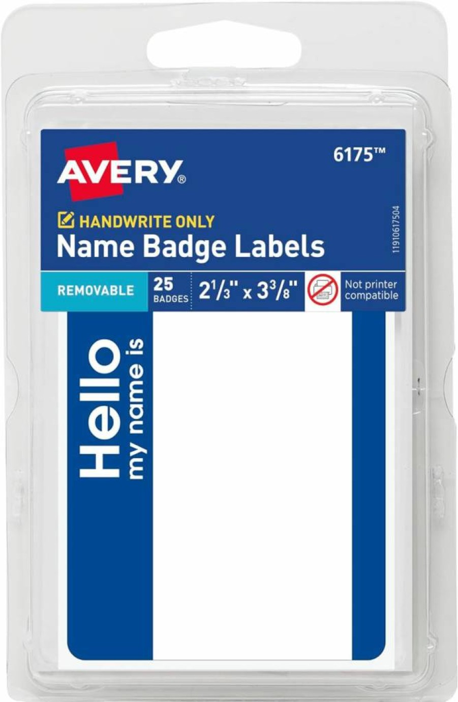 Avery Removable Adhesive Name Tags, 2-1/3" x 3-3/8" White with Blue Border, Non-Printable, 25-Pack (6175) for Customizable "Hello My Name Is" Labels